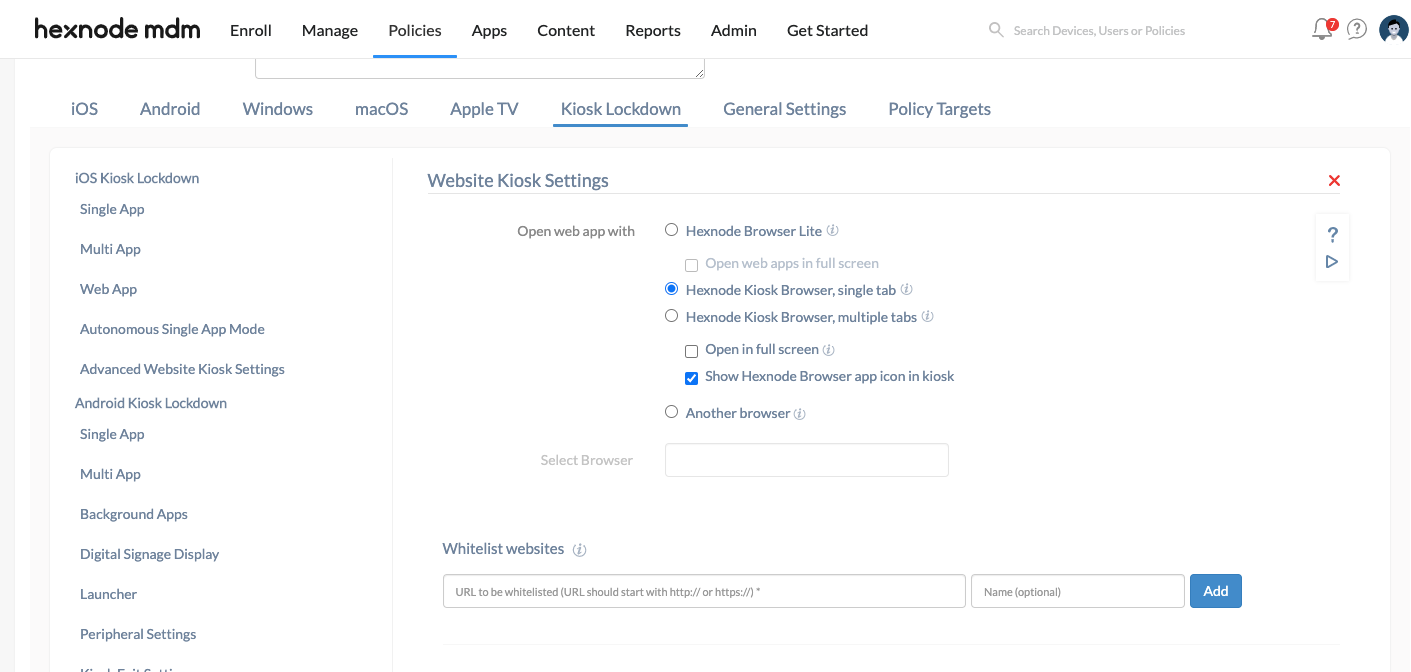 Configure how the web apps needs to be opened in kiosk mode