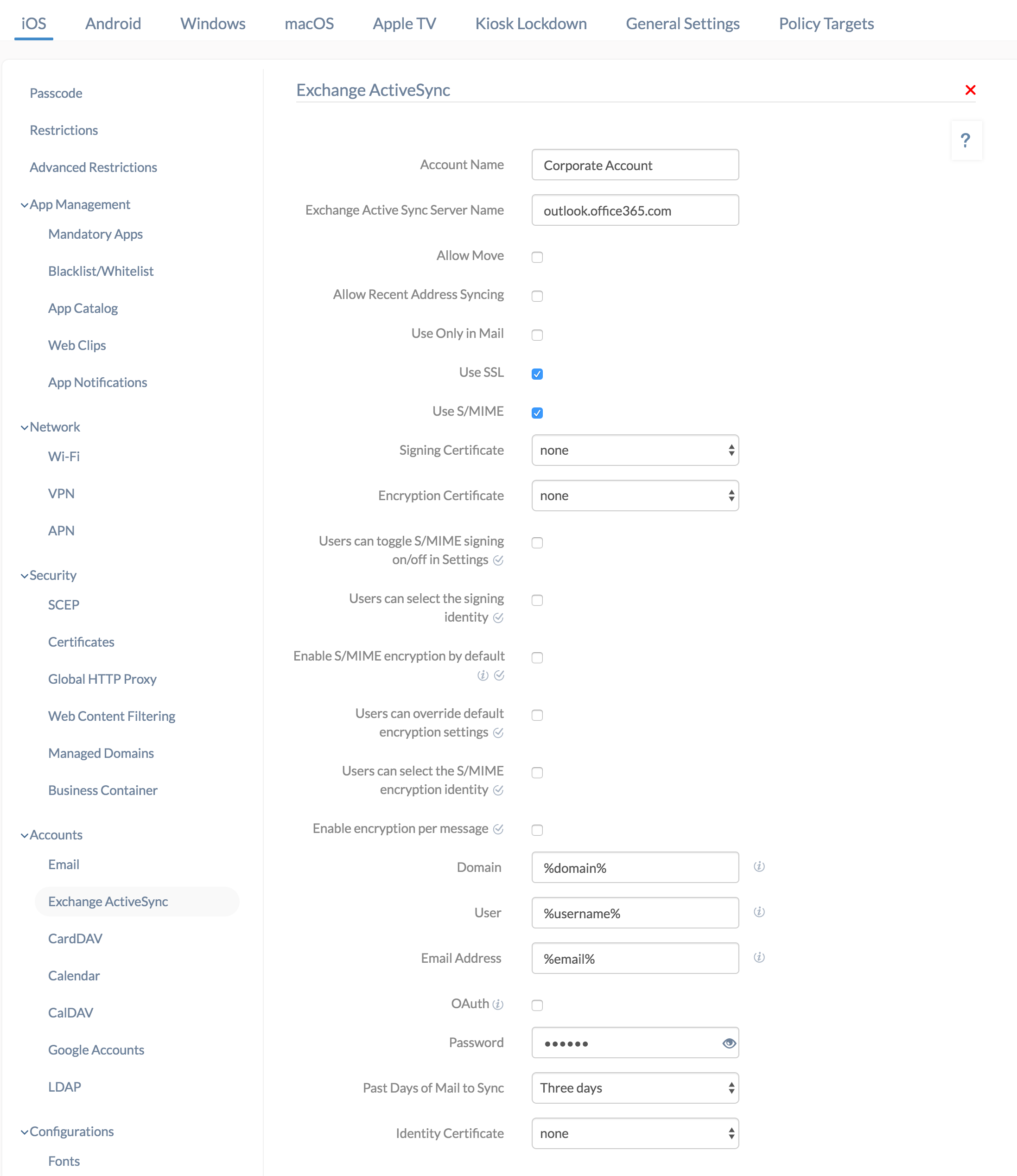 Exchange ActiveSync configuration set up on iOS devices