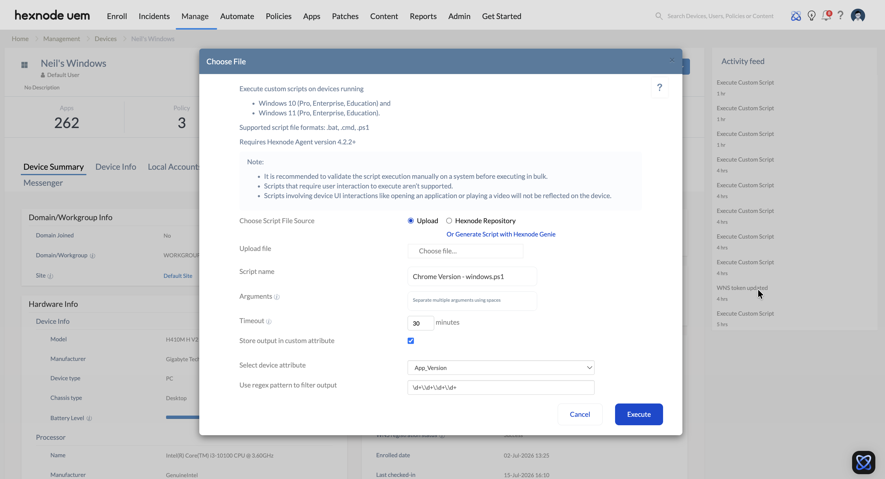 Screenshot of Hexnode UEM dashboard showing the Execute Custom Script remote action selected from the Actions dropdown menu in the Manage tab located between ‘Incidents’ and 'Automate’ tabs in the top navigation bar.
