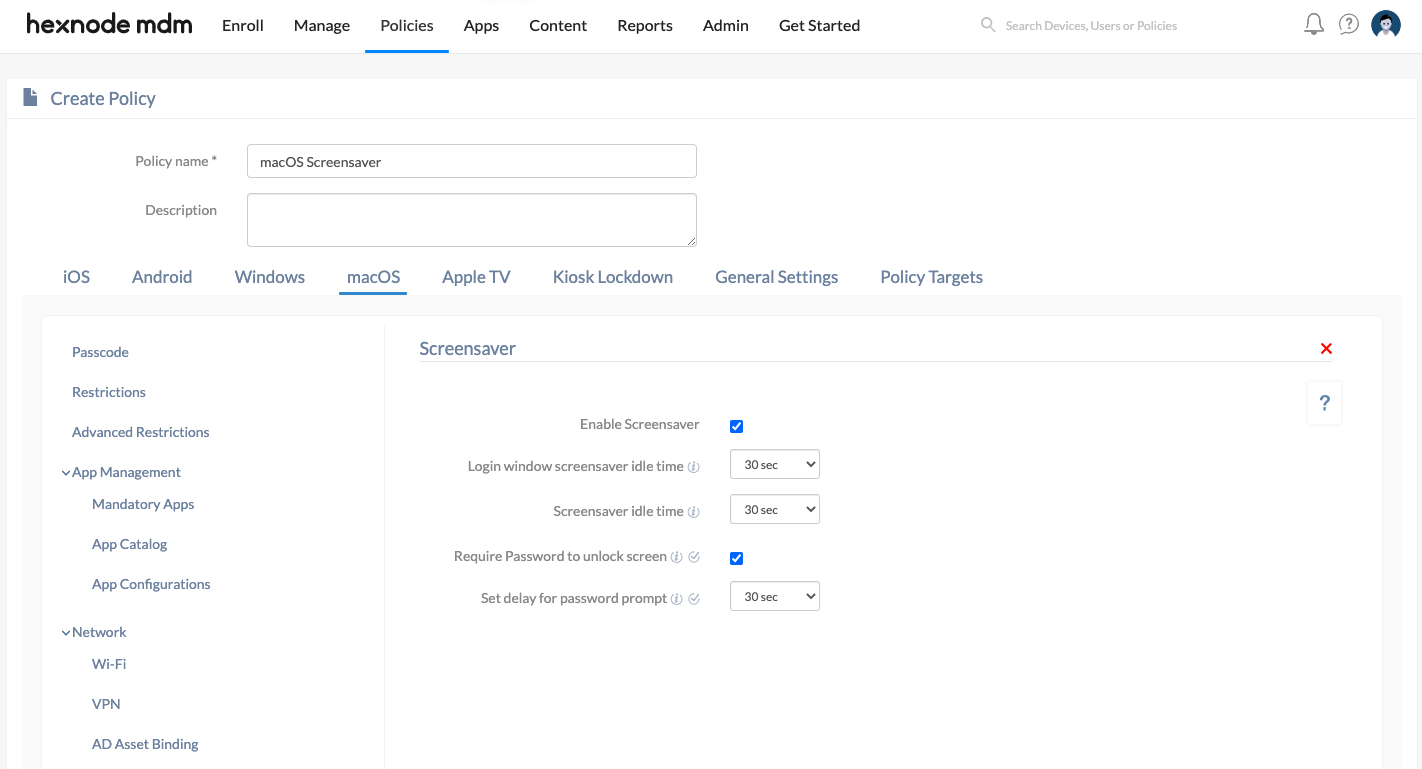 configure screensaver for macOS devices using Hexnode MDM