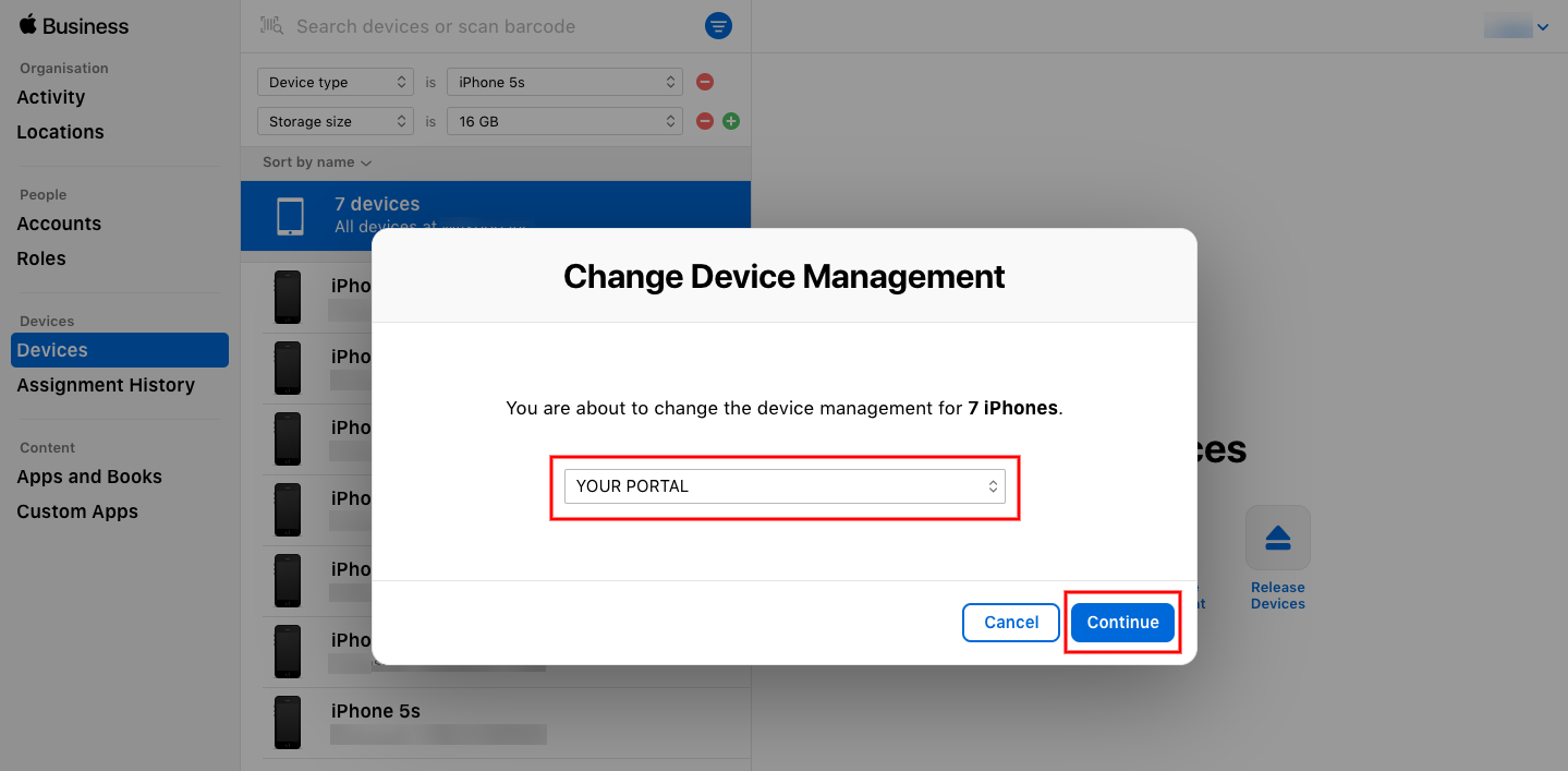 Choose the MDM management server from the drop-down