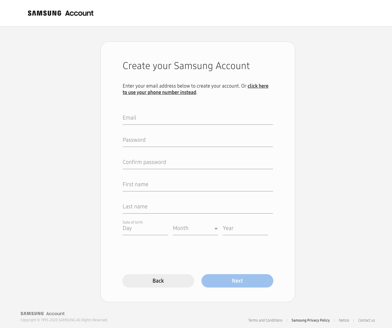create Samsung account – enter the details