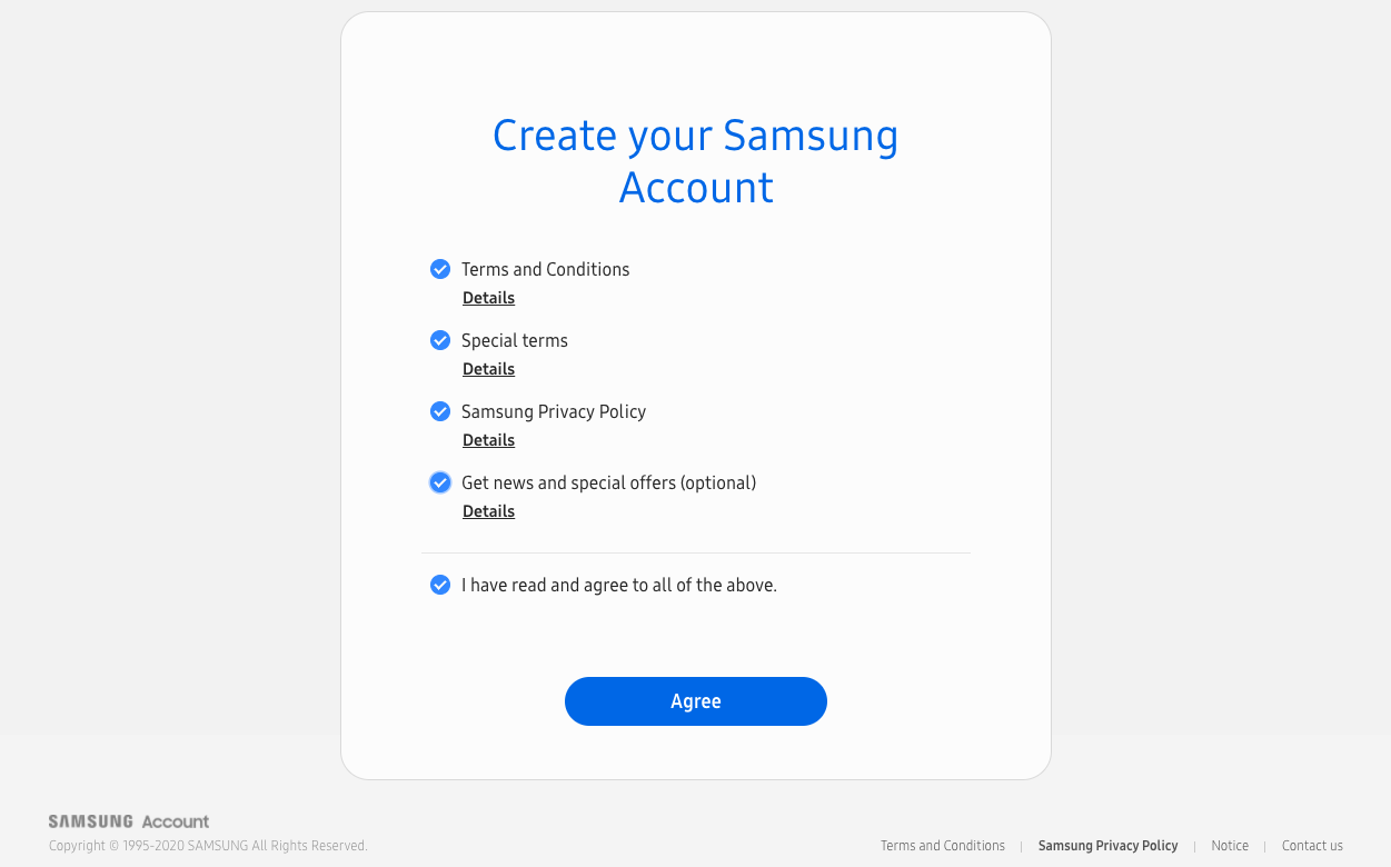 create your Samsung account – Agree the terms and conditions
