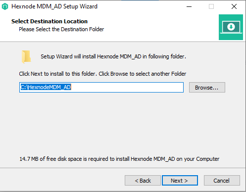 select the destination folder to Install the Hexnode MDM AD setup wizard on Windows device
