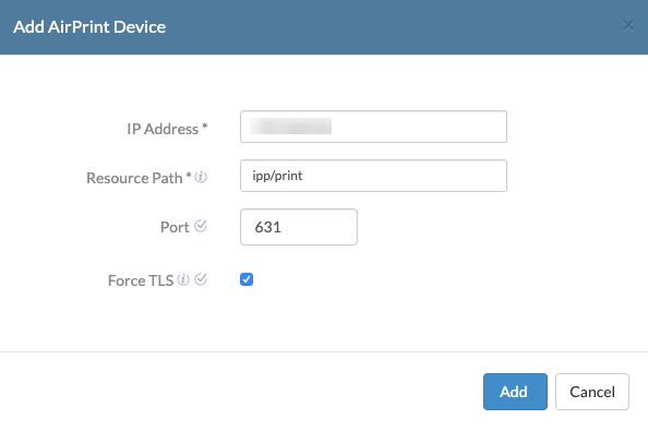 Configuration details of adding AirPrint device on iOS