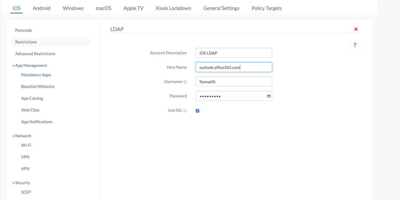 Hexnode MDM LDAP configurations for remotely setting up contacts in iOS devices