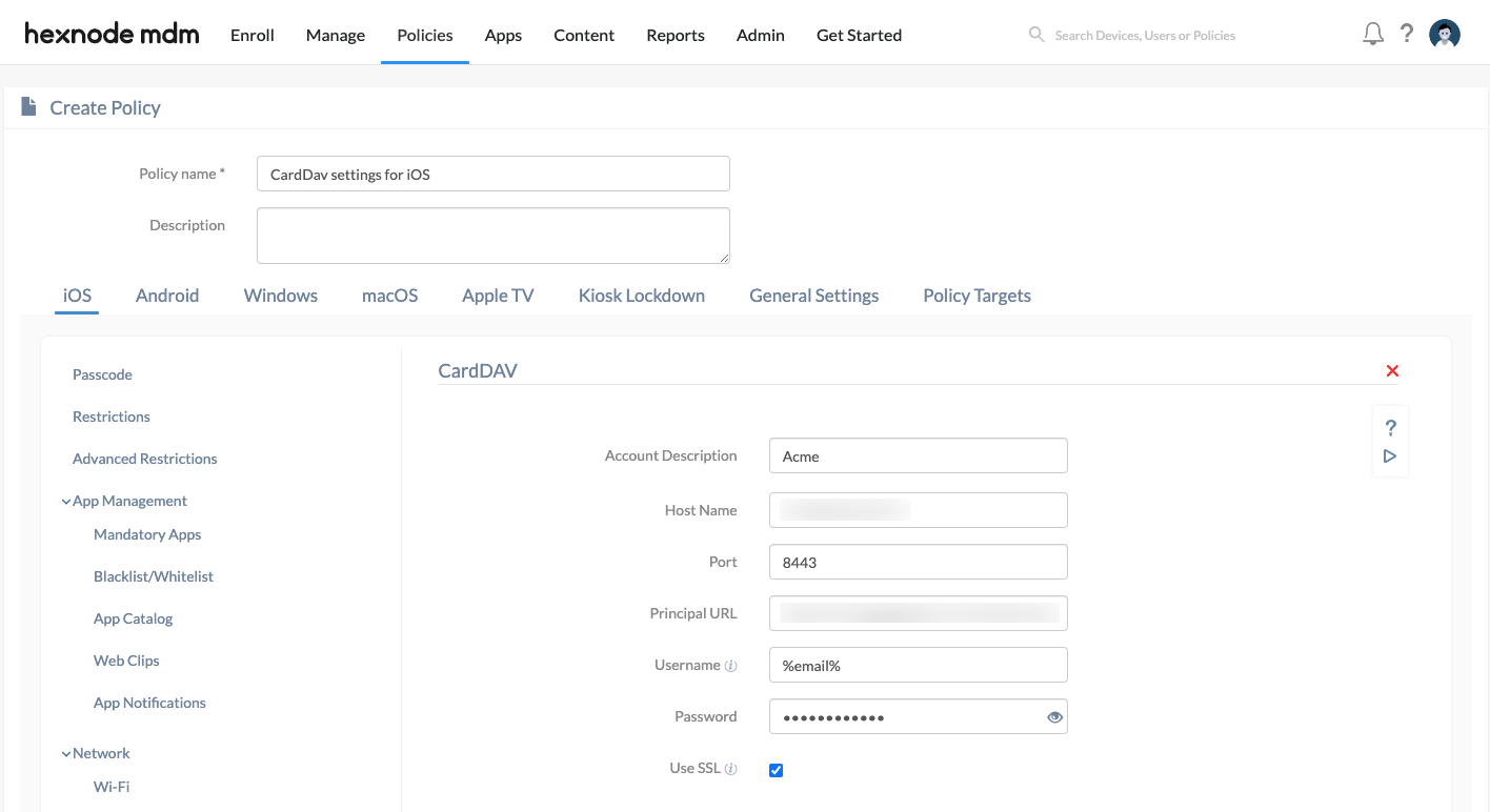 Configure CardDav settings for iOS devices using Hexnode MDM