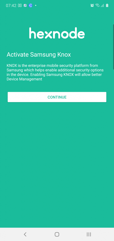 Upon successful device enrollment, the app on Samsung Knox devices show the Activate Samsung Knox page.