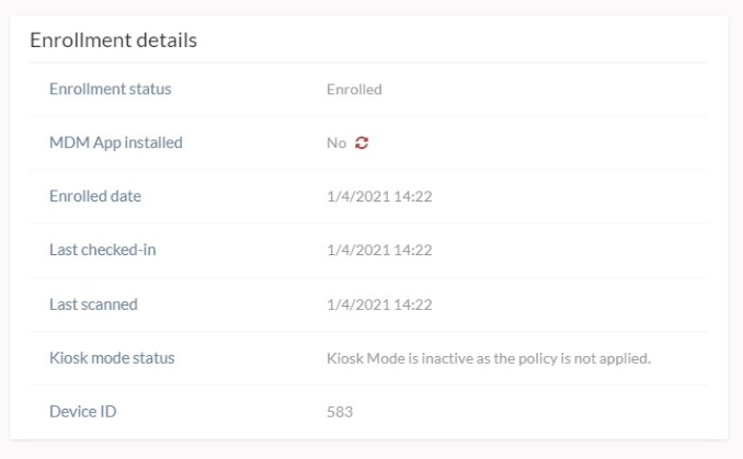 The Sync icon is shown beside the MDM App Installed status under Enrollment details