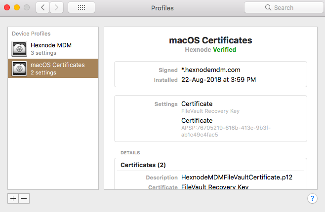 Certificates added to macOS devices using Hexnode MDM