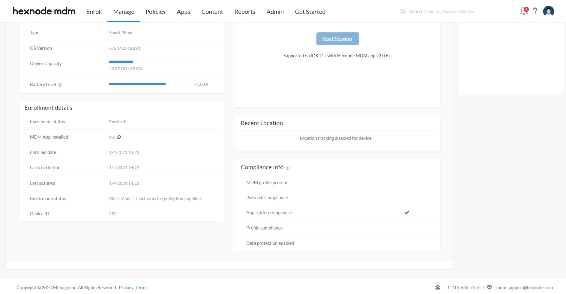 The Enrollment details section shows whether your device has the Hexnode App installed