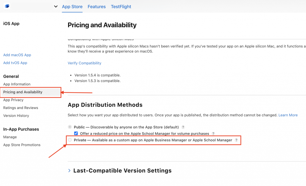 Screenshot of Apple Store Connect dashboard showing the 'App Distribution Methods' section.
