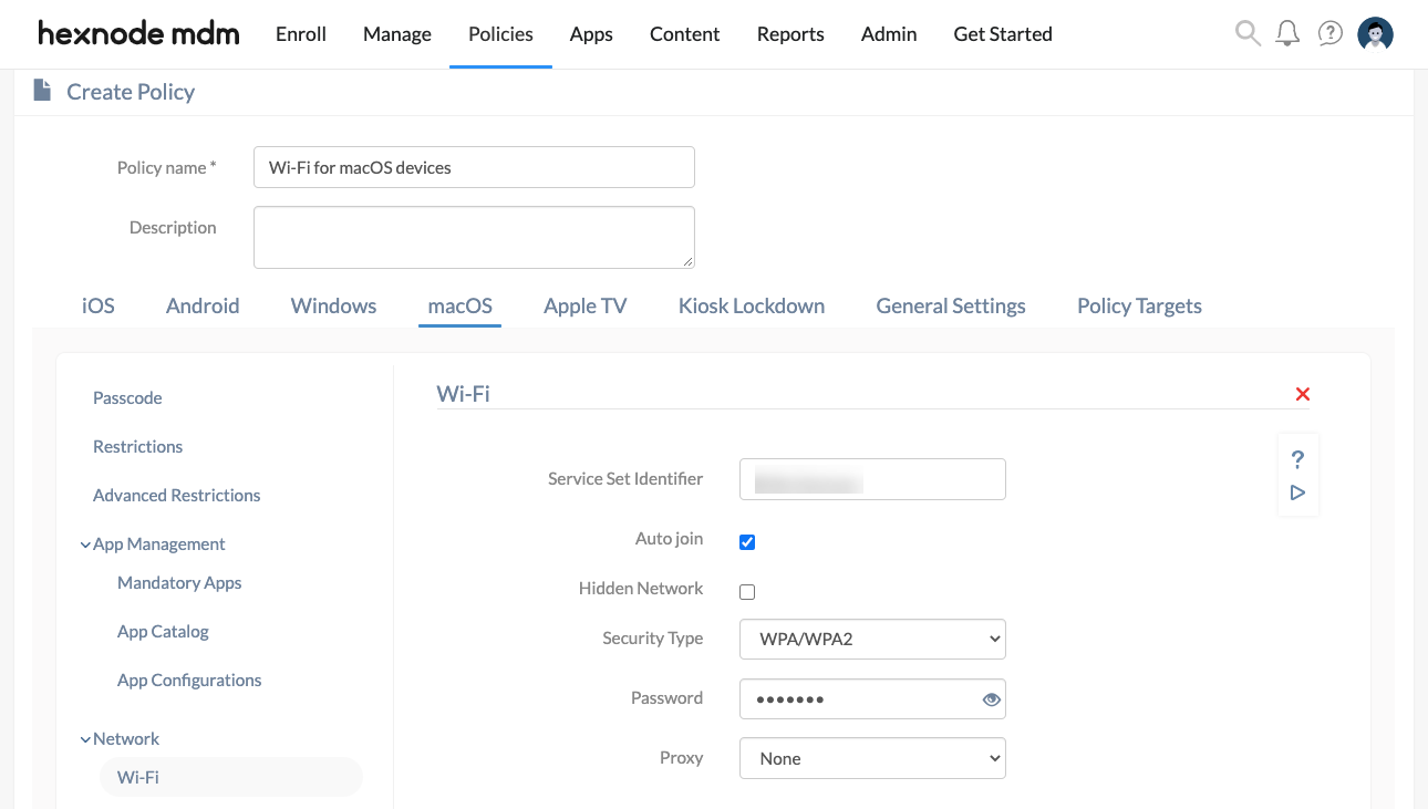 setting up Wi-Fi policy for macOS devices with Hexnode MDM