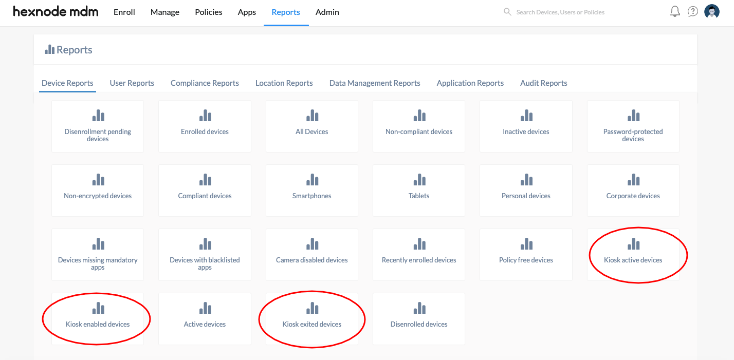 Hexnode mdm reports to audit the kiosk lockdown mode on Android devices