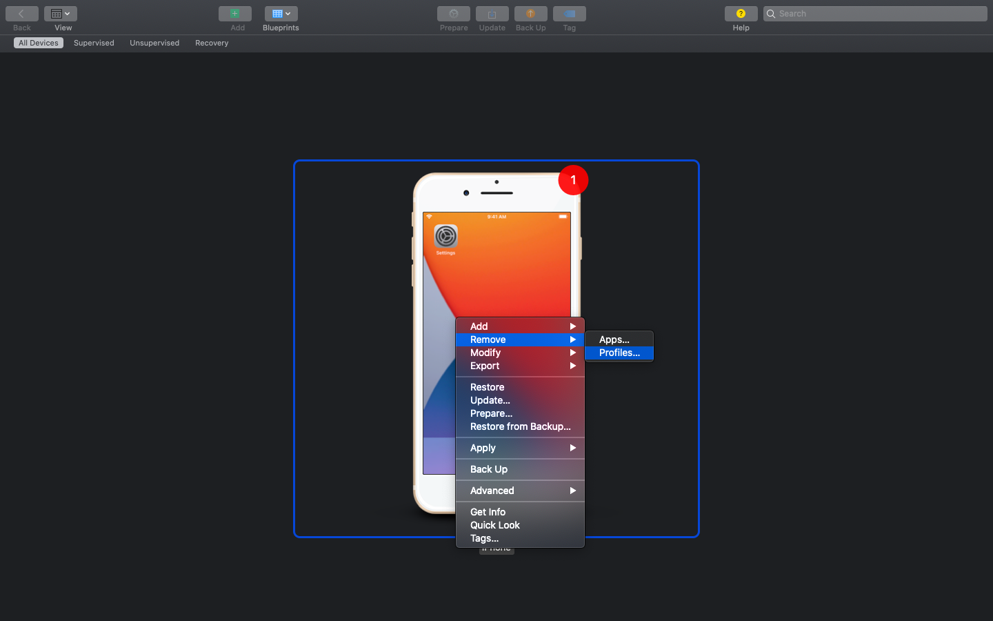 Steps to remove profiles using Apple Configurator