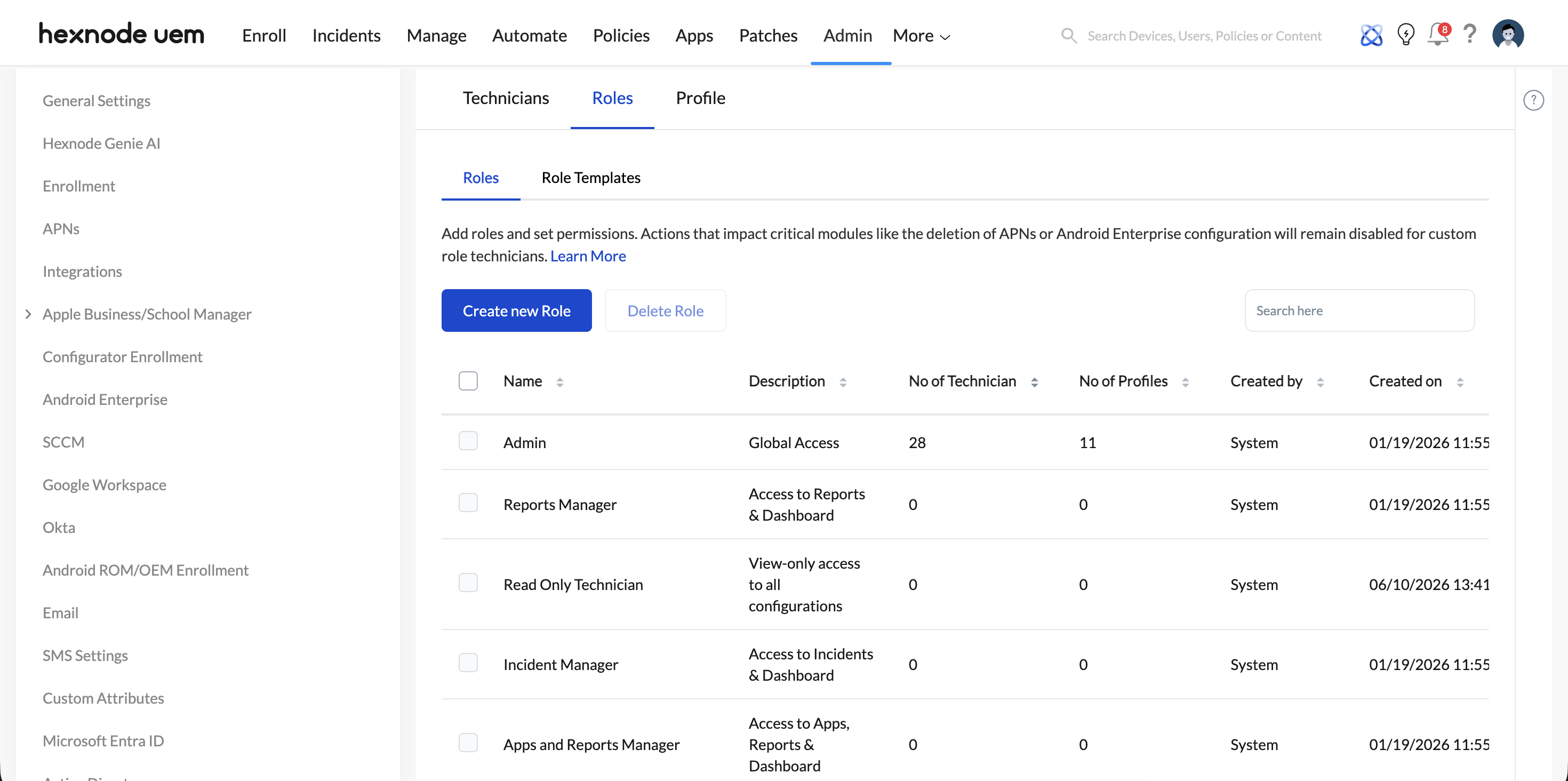 Screenshot of the default roles present in the Hexnode UEM console under Technicians and Roles in the Admin tab.