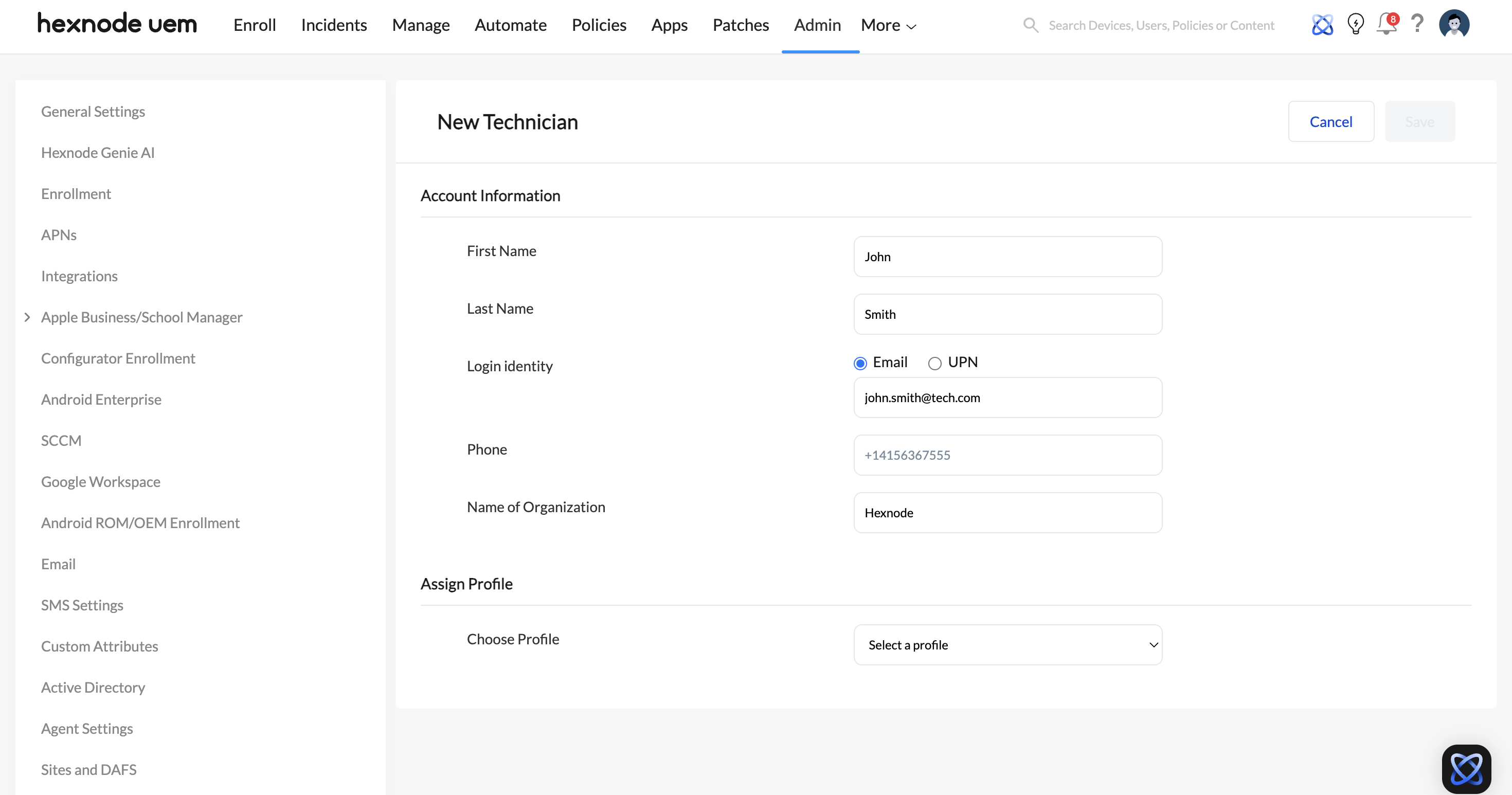 Screenshot of Hexnode UEM dashboard displaying the technician creation settings under Technicians and Roles.