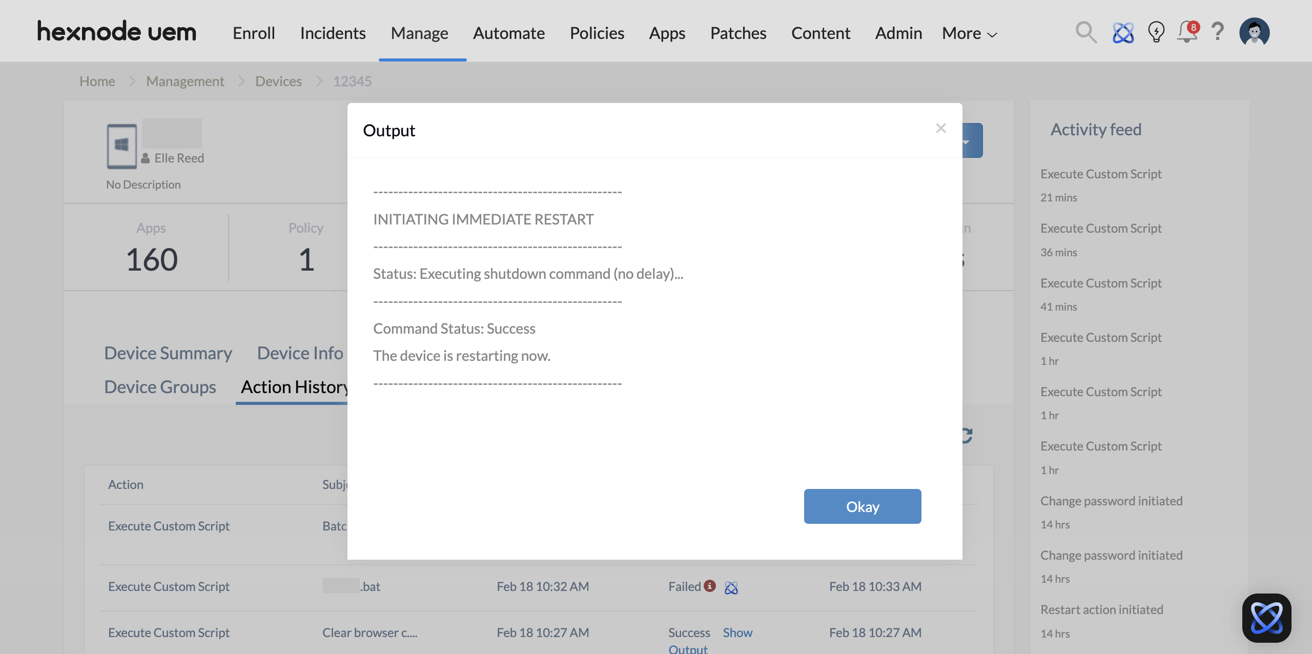 The execution logs for an immediate Windows Restart action are displayed within the Show Output window on the Hexnode console to confirm the script's success.