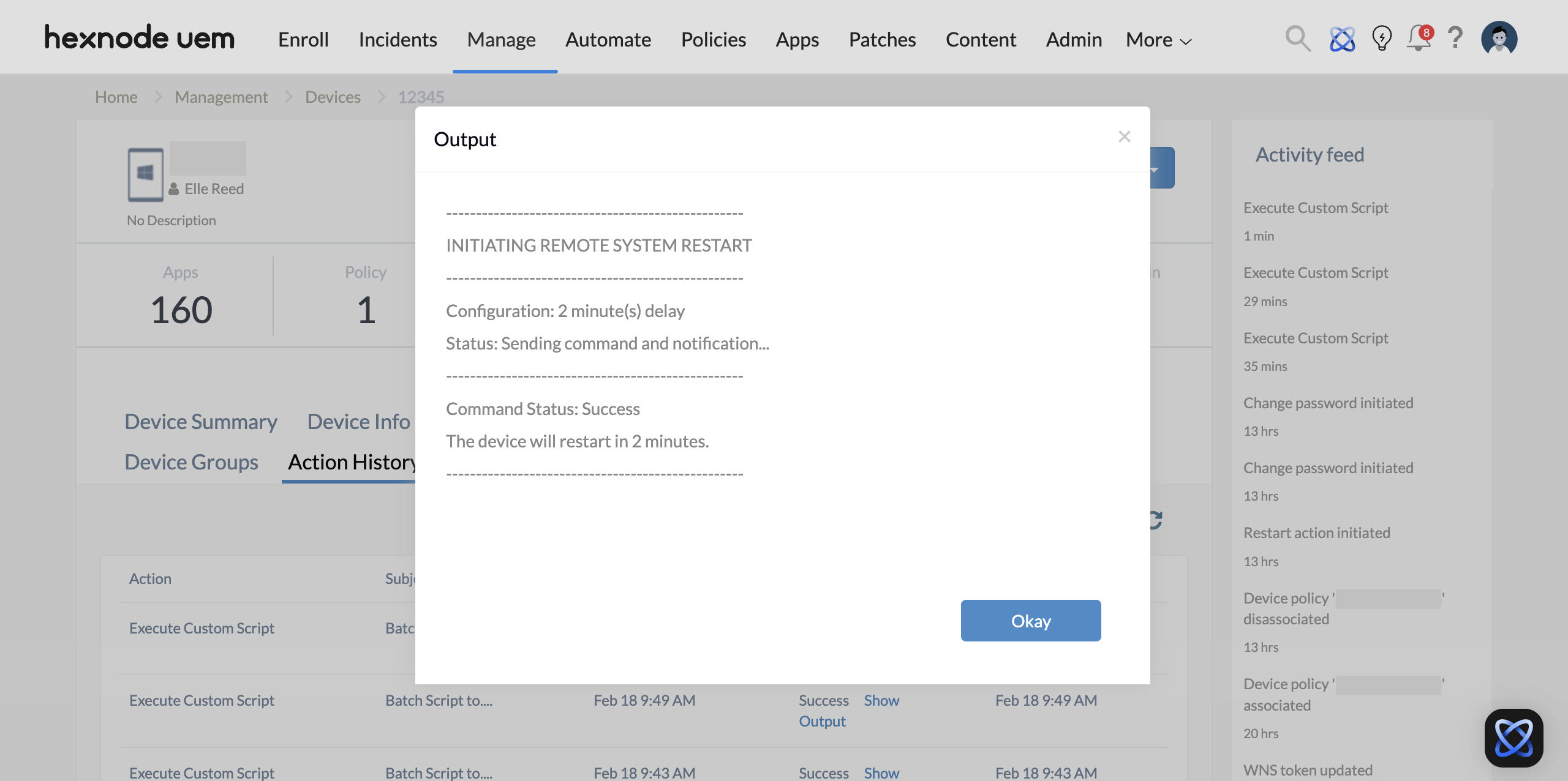 The execution logs for a scheduled Windows restart are displayed within the Show Output window to verify the script's success.