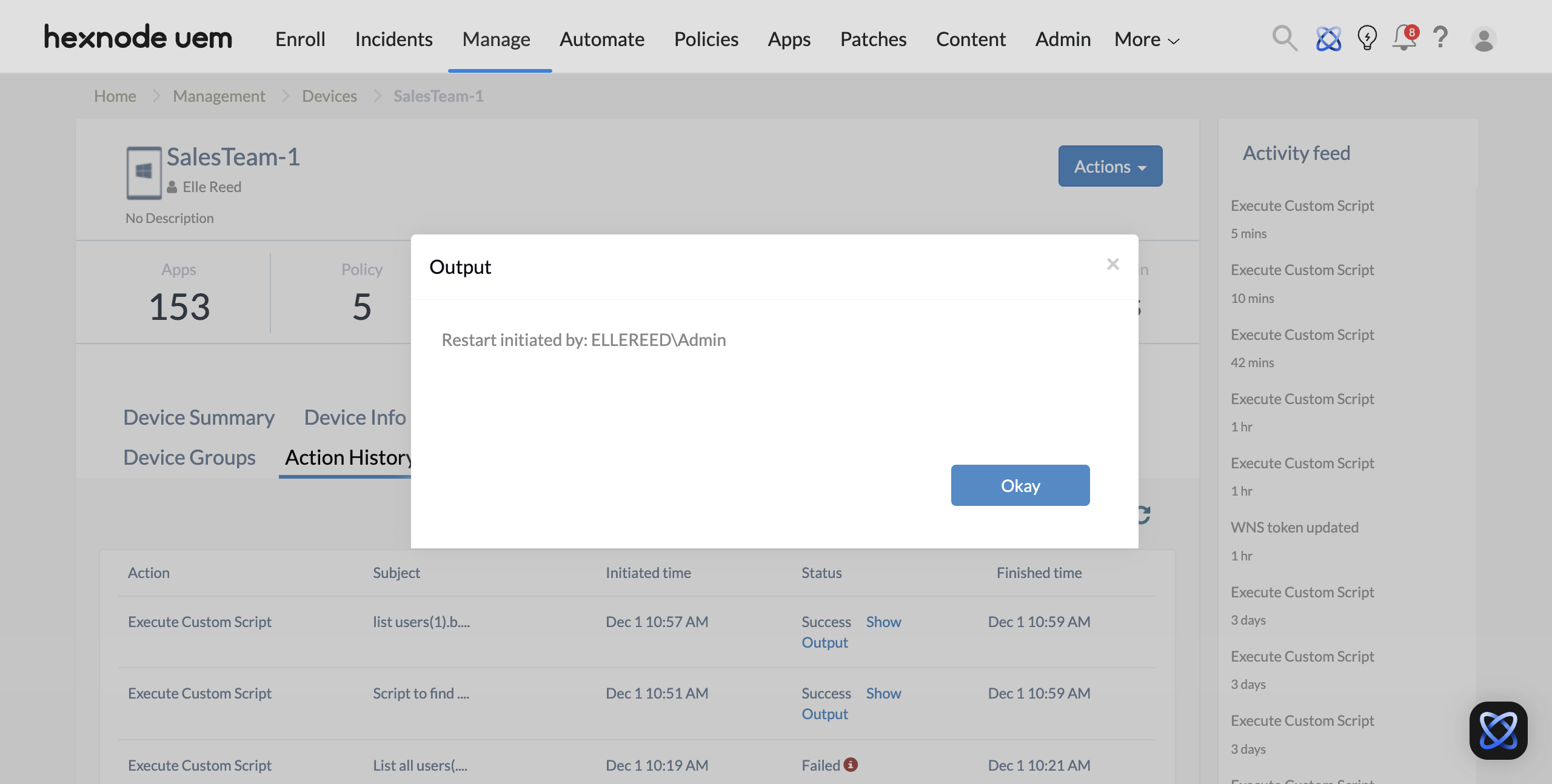 The details of the user who last restarted the device as obtained from the Show Output window using a Windows PowerShell script.