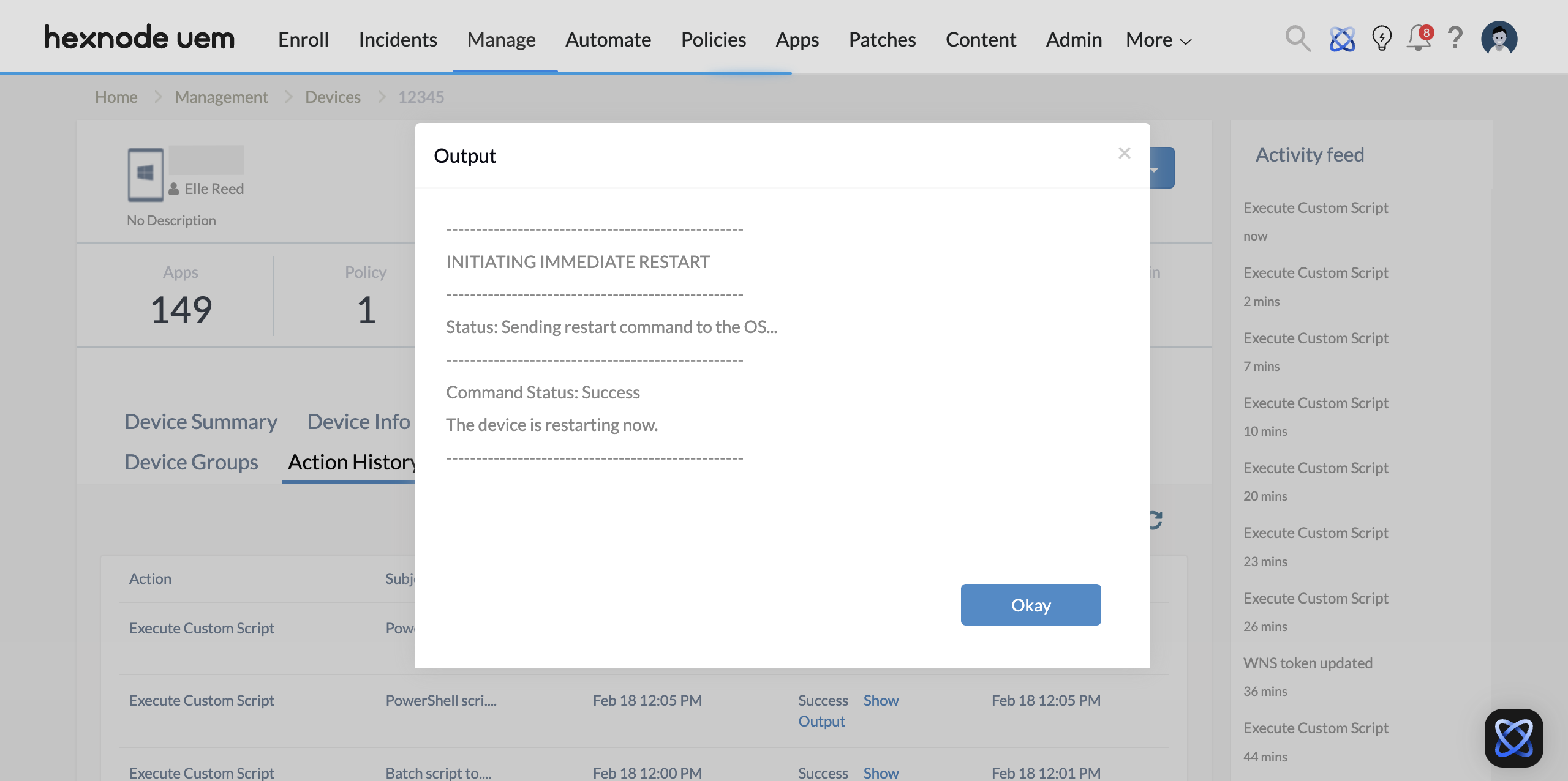 The execution logs for scheduled Windows restart via PowerShell are displayed in the Hexnode Show Output window to verify task registration and script success.