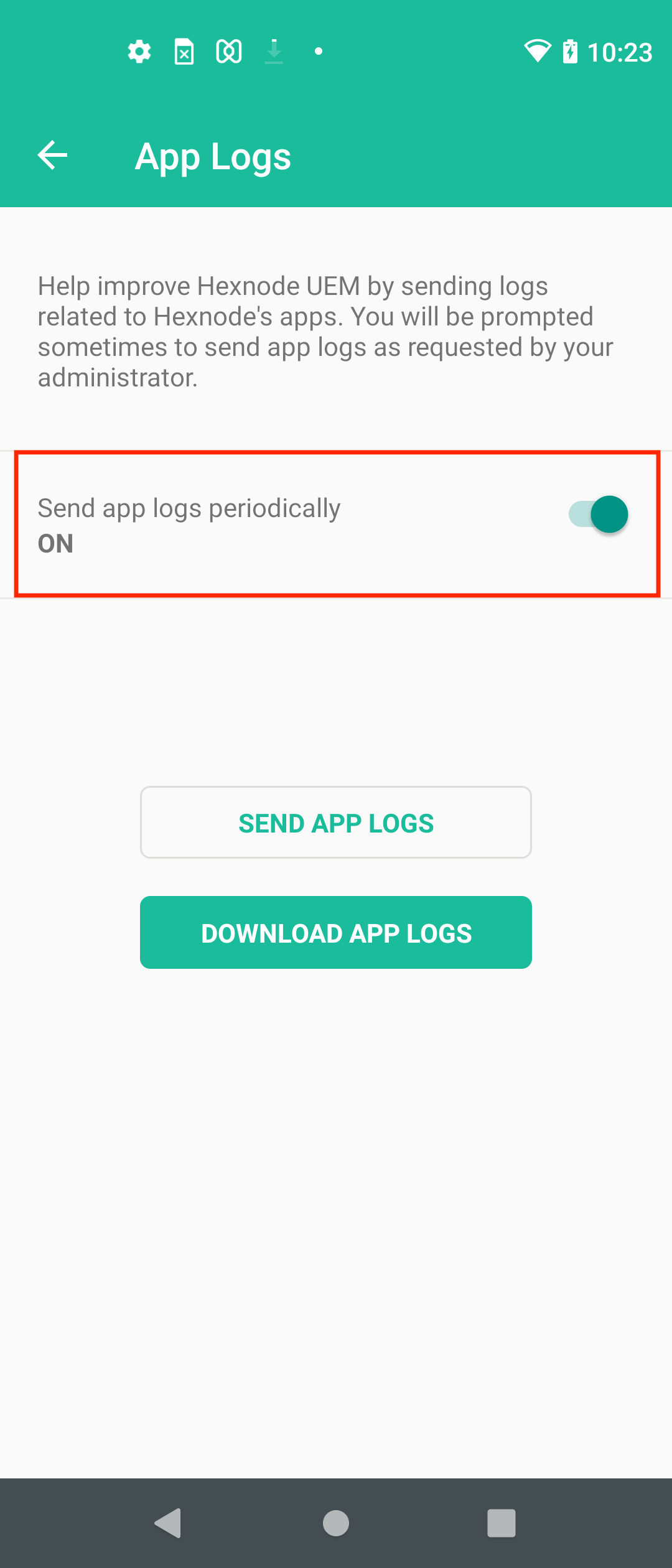 Enable the option send app logs periodically on the Hexnode UEM app