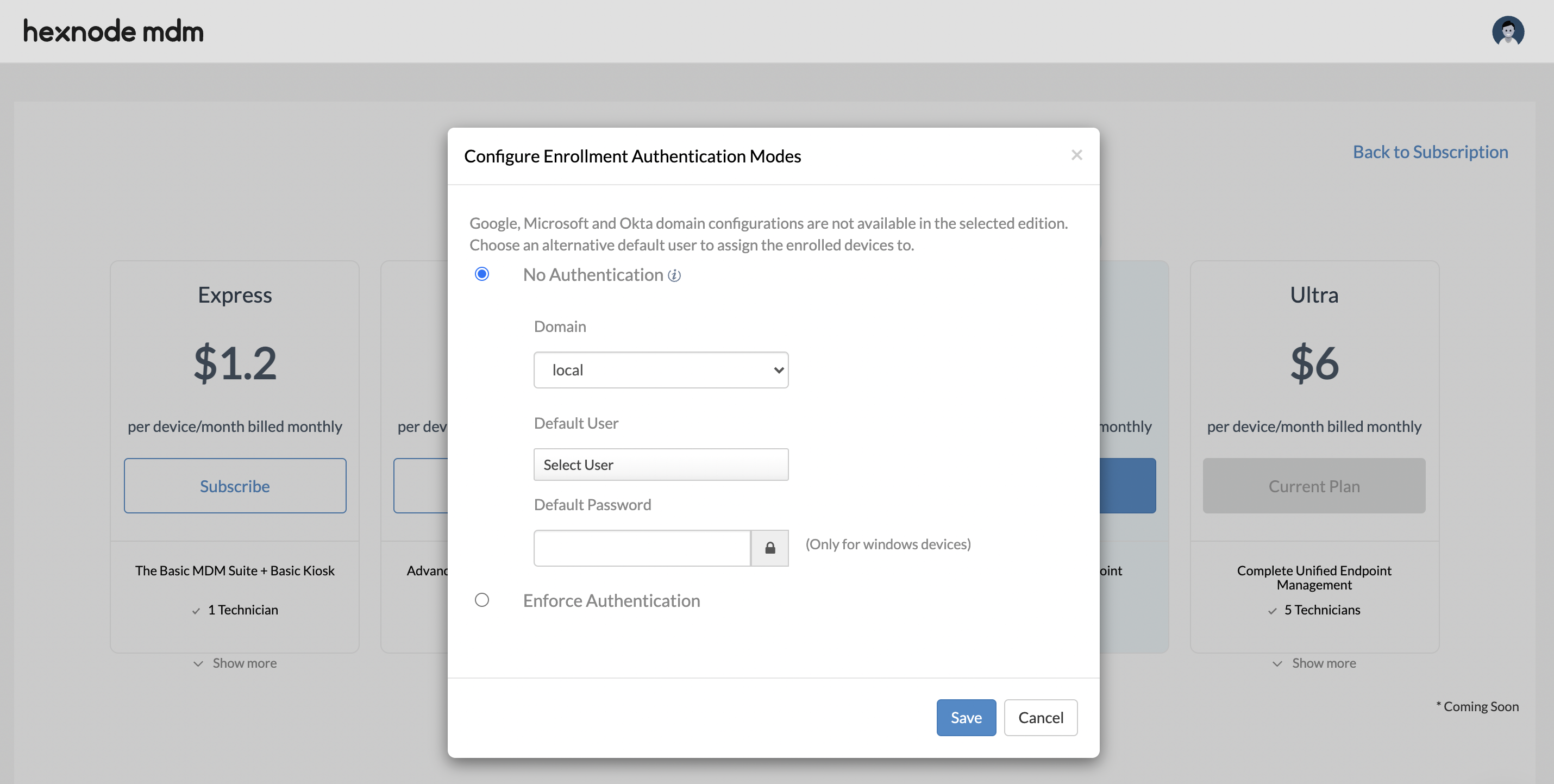 configure enrollment authentication mode while downgrading the license