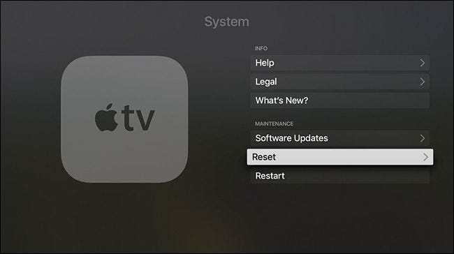Device reset option under System on Apple TV