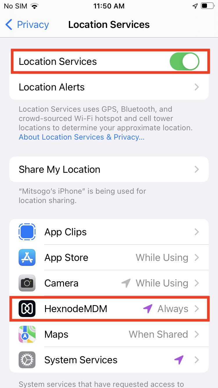 Enable Location Services in iOS and allow HexnodeMDM to Always access location.