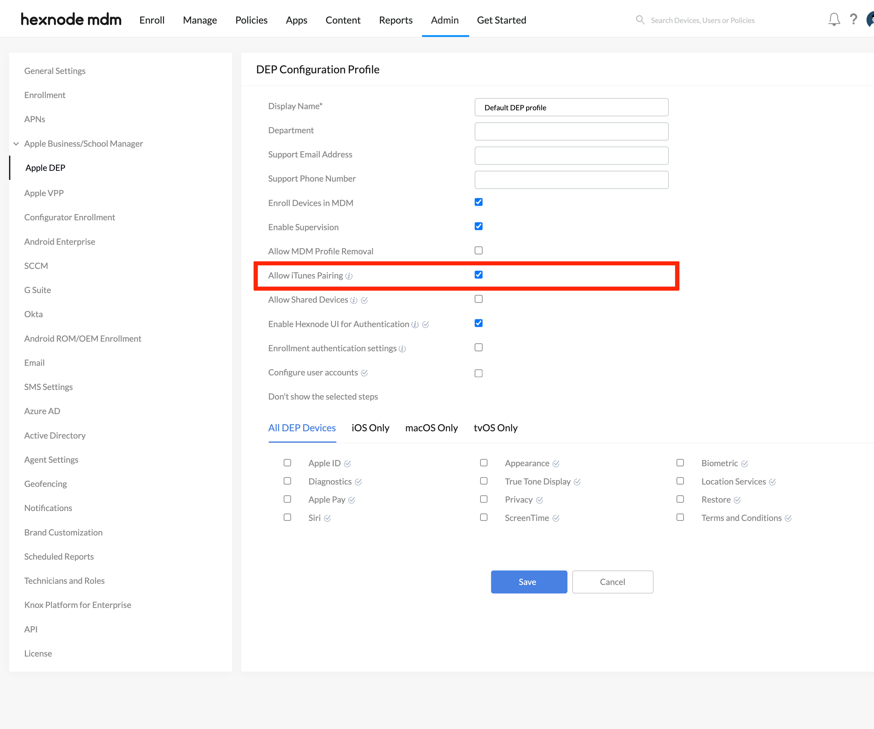 Allow iTunes Pairing in DEP Configuration Profile for Apple DEP devices in Hexnode