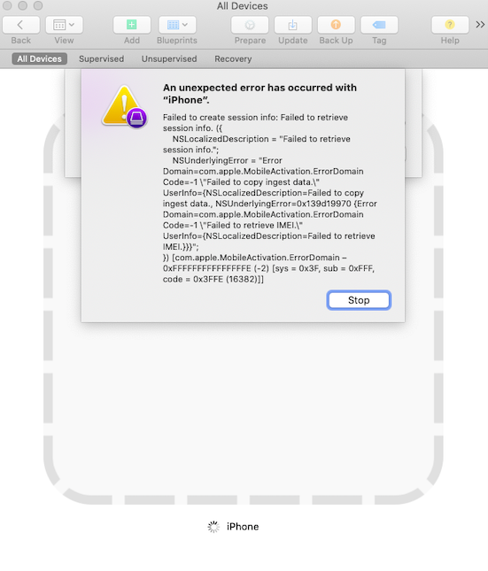 Failed to retrieve session info error message while preparing devices in Apple Configurator