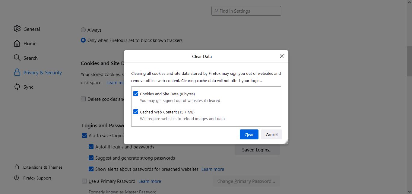 Cookies, Site Data and Cached web Content is cleared from Firefox  