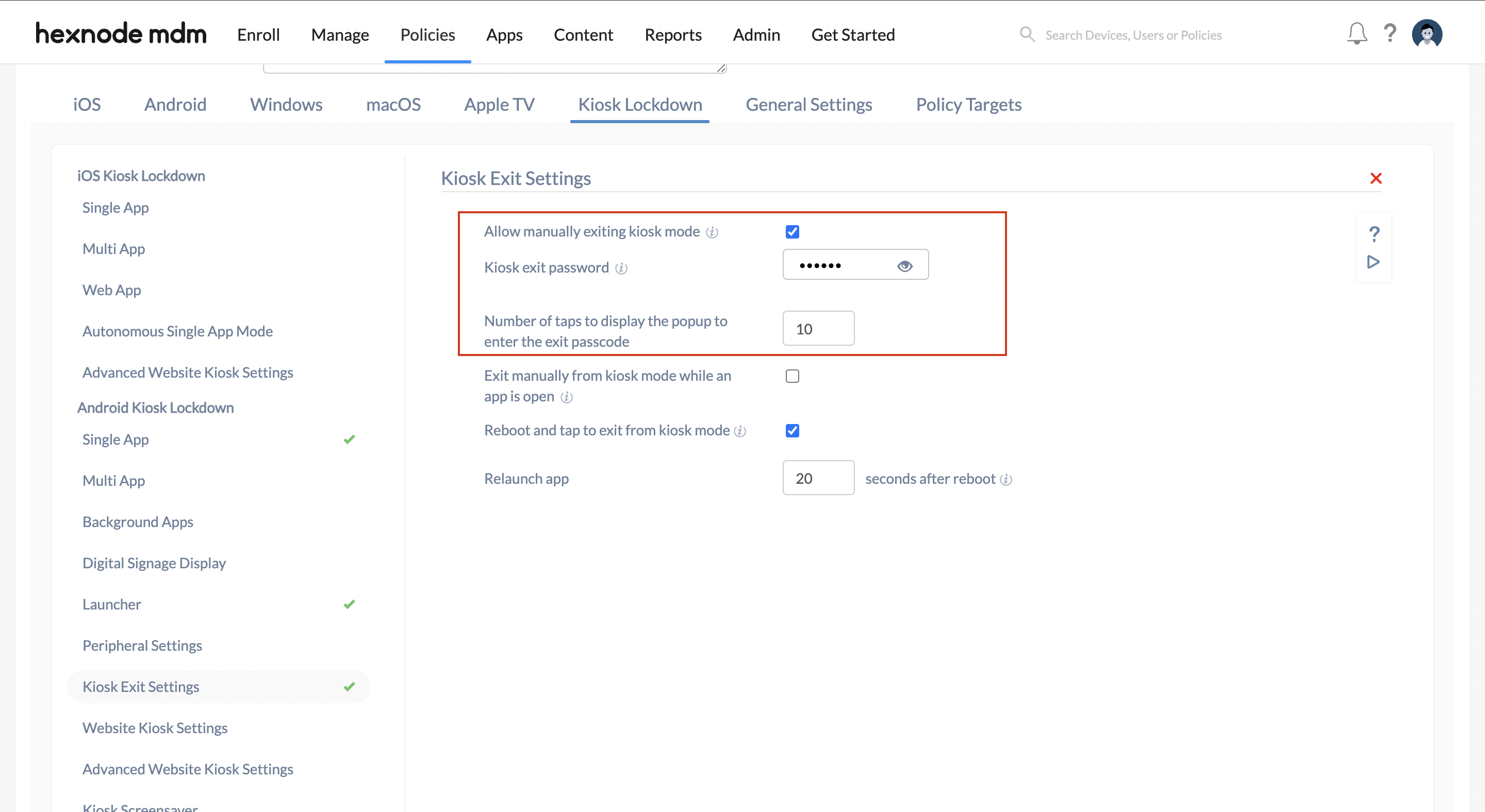 Configure settings in Kiosk Exit Settings for Android in Hexnode