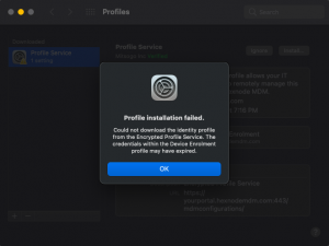 Profile installation failed error shown on the device while enrolling in a UEM solution.