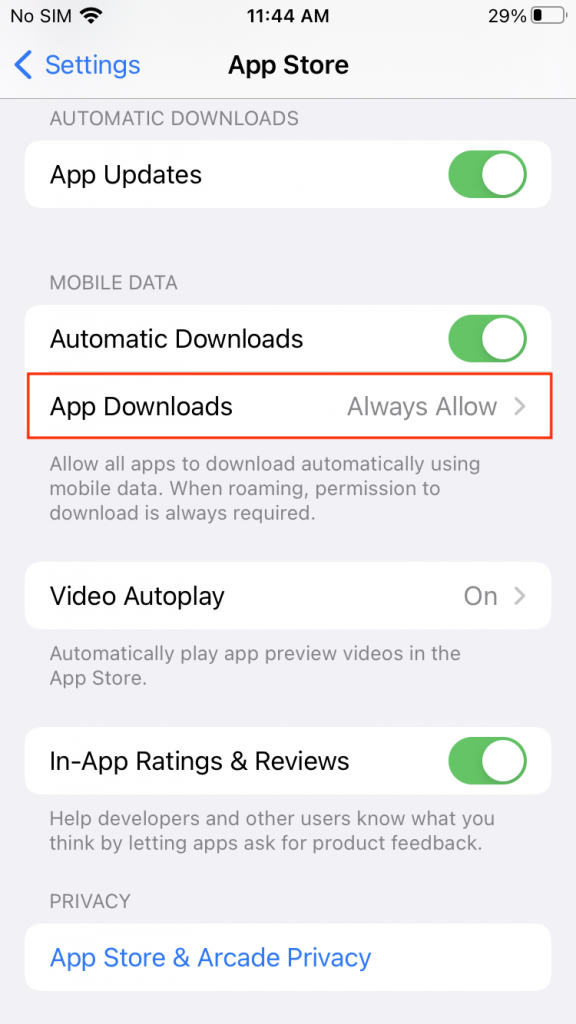 Always allow app downloads to avoid app update prompts when using cellular data.