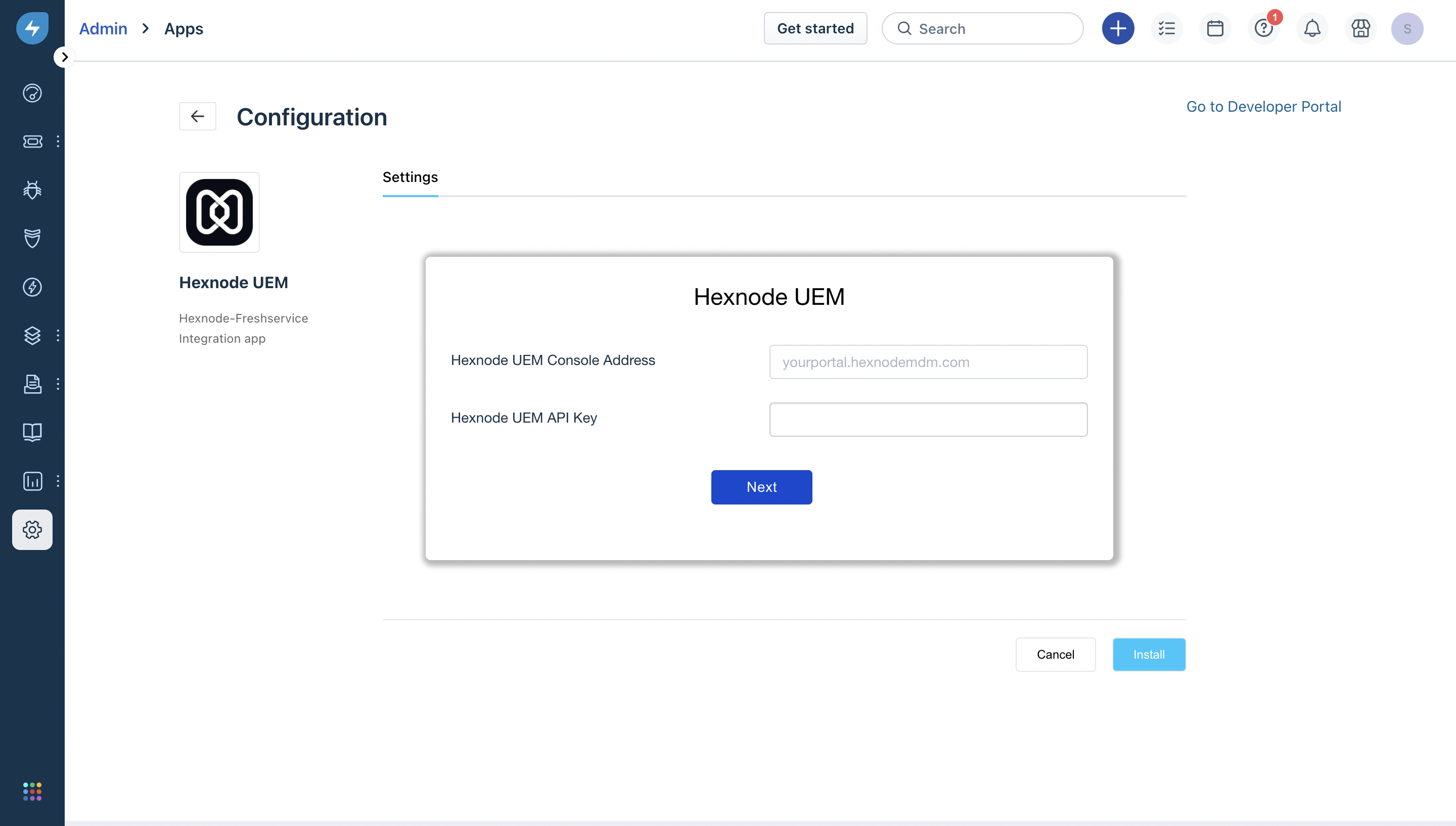 Configuring Freshservice integration with Hexnode UEM in the Freshservice portal. 
