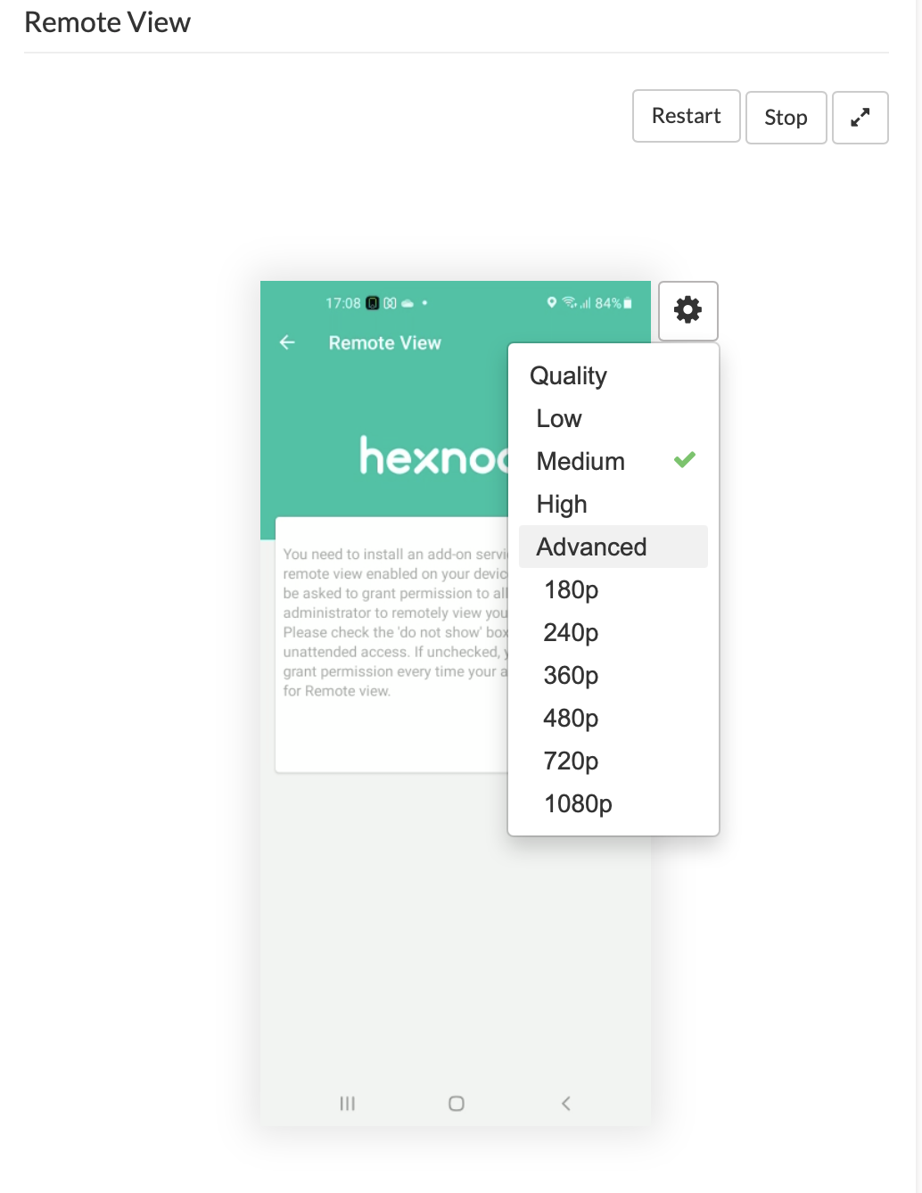 Option to change video quality of Remote View in Hexnode UEM