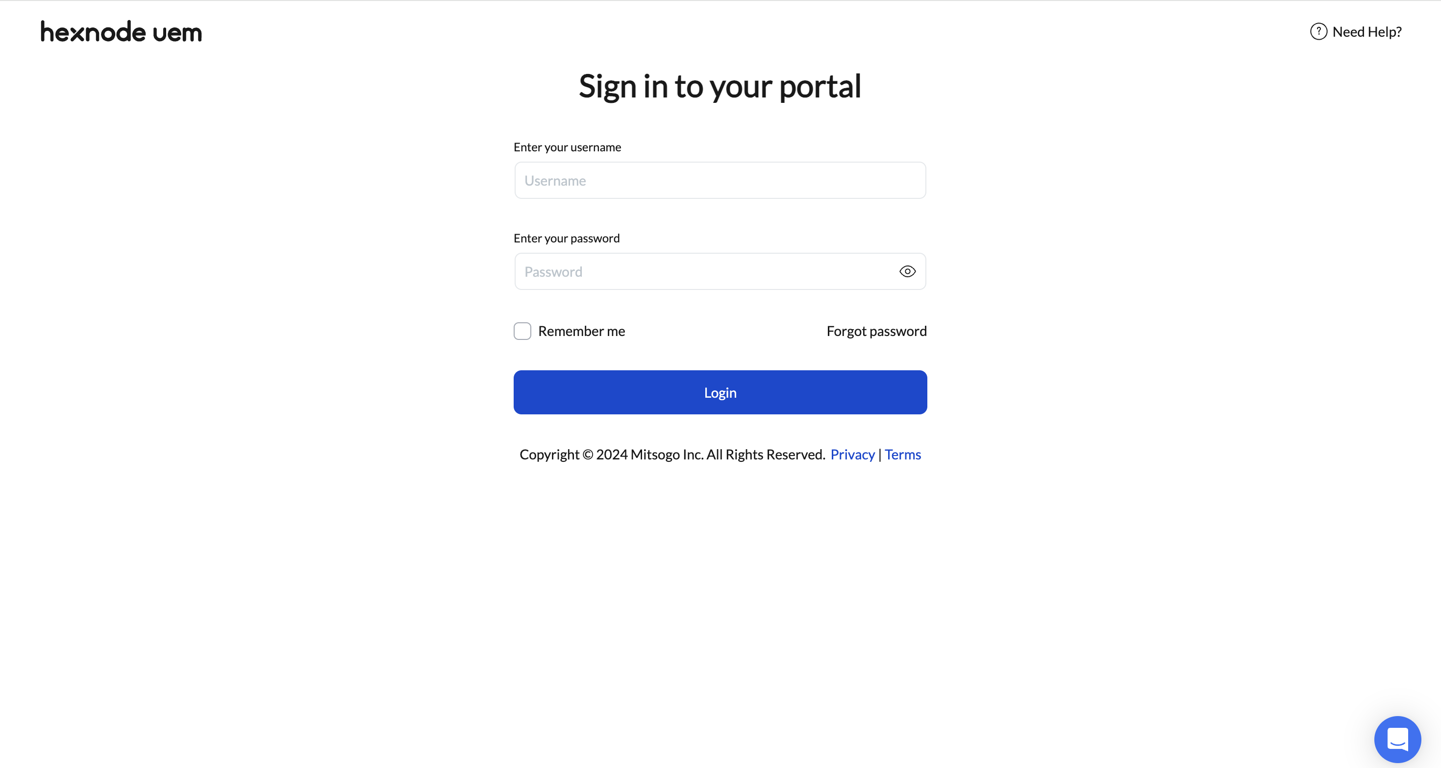 Hexnode UEM technician login page.