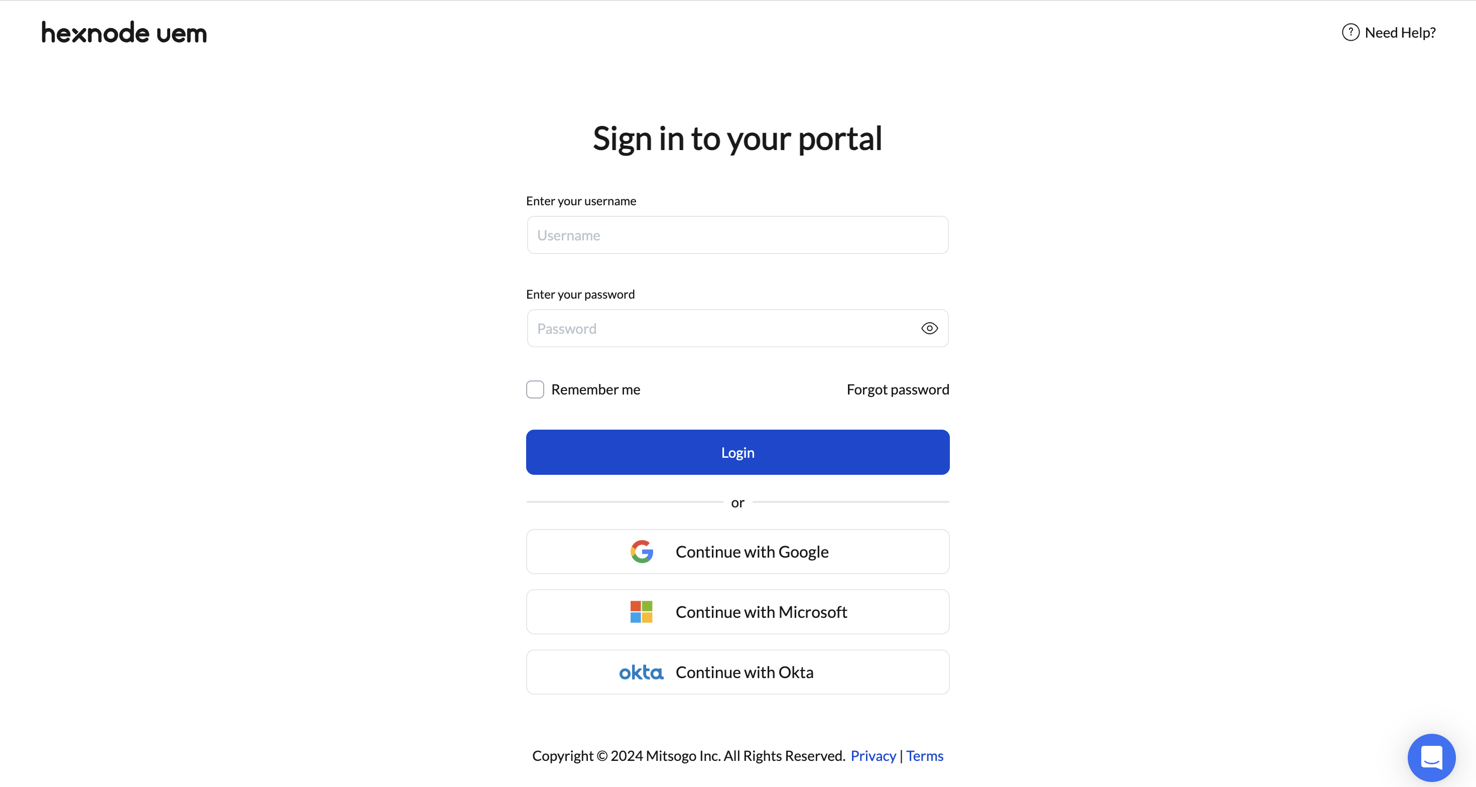 Hexnode UEM portal login page along with SSO options.