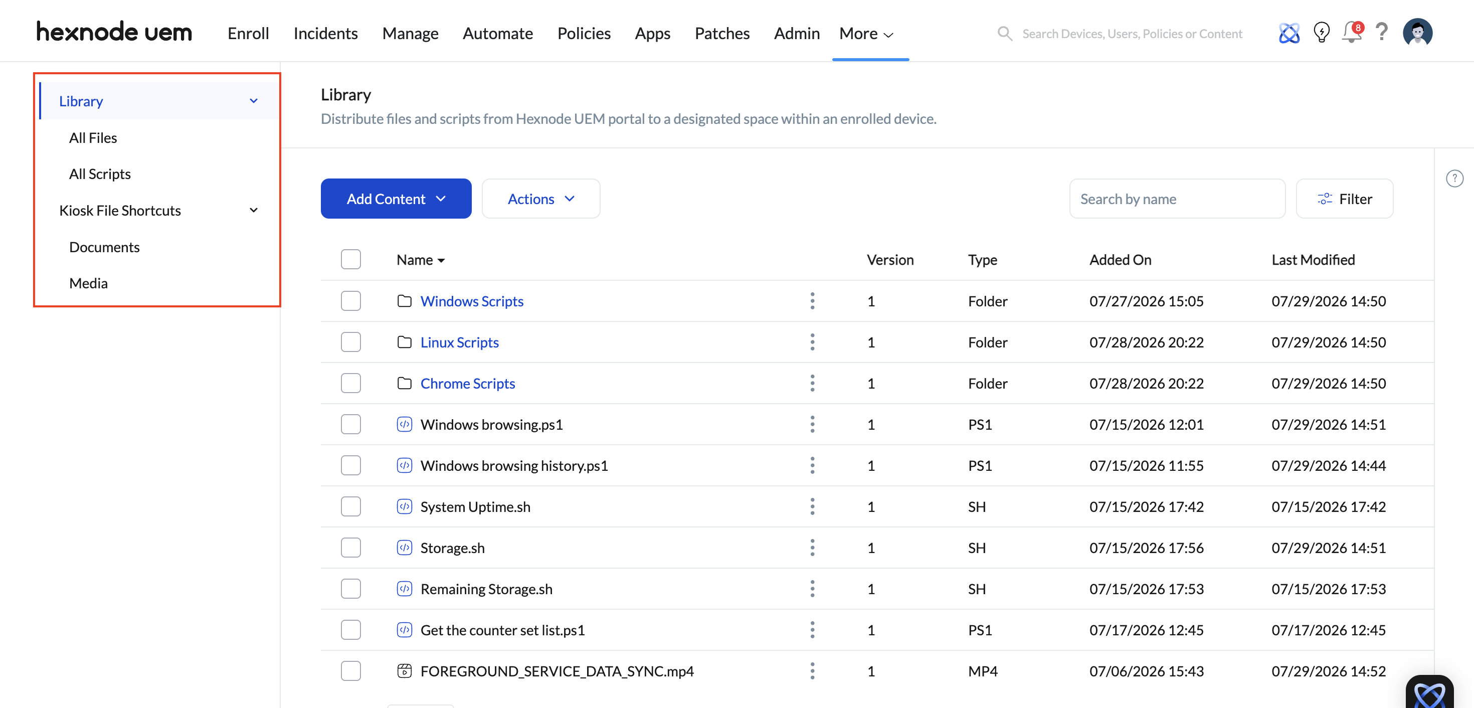 Screenshot of the Hexnode UEM console showing the Content Repository in Content tab, located between Admin and Reports tab.