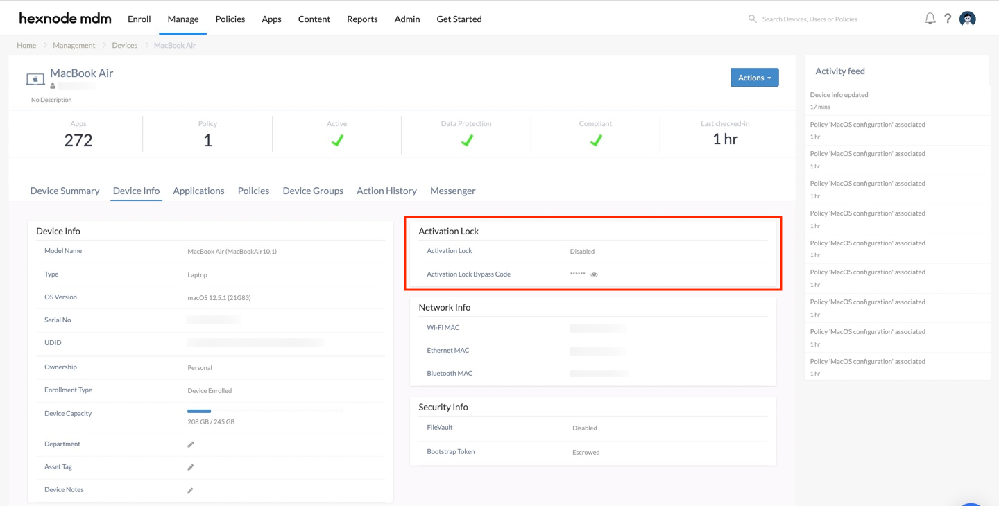 Activation lock status in Hexnode UEM
