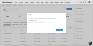 Windows Batch script to delete browsing history of Microsoft Edge returns the output in the Action History tab of Hexnode.