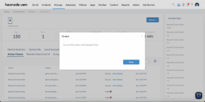 Hexnode UEM Action History confirming the successful execution of a Windows Batch script to fetch time zone.