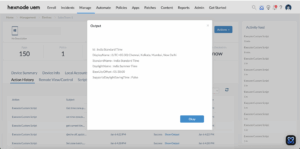 Hexnode UEM Action History confirming the successful execution of a Windows PowerShell script to fetch time zone.