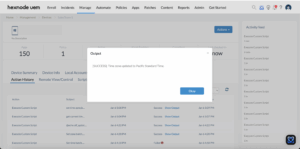 Hexnode UEM Action History confirming the successful execution of a Windows Batch script to set time zone.