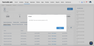 Hexnode UEM Action History confirming the successful execution of a Windows PowerShell script to set time zone.