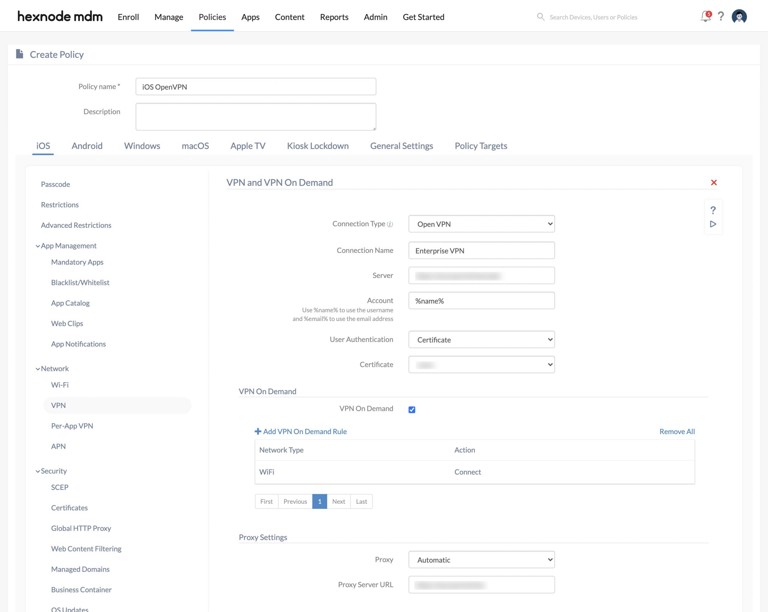 OpenVPN Settings for iOS devices in Hexnode portal