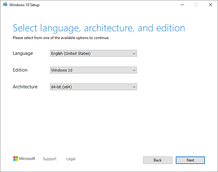 Select language architecture and edition with media creation tool