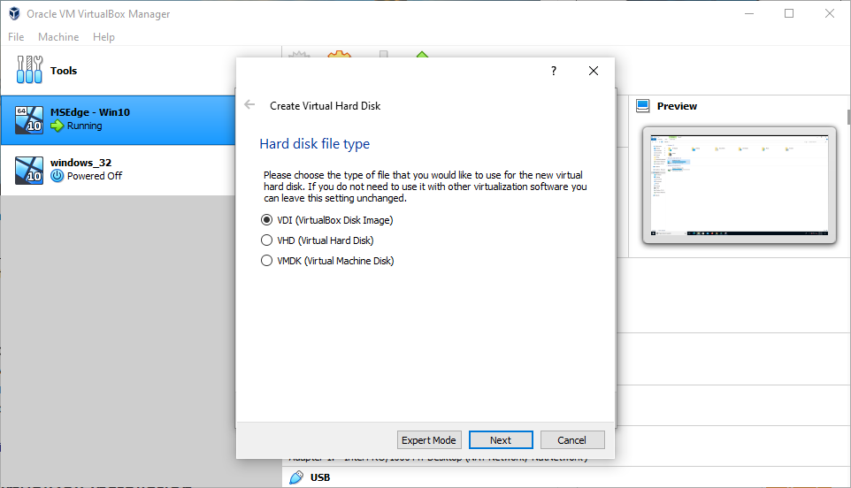 Select Hard disk file type as VirtualBox Disk Image 