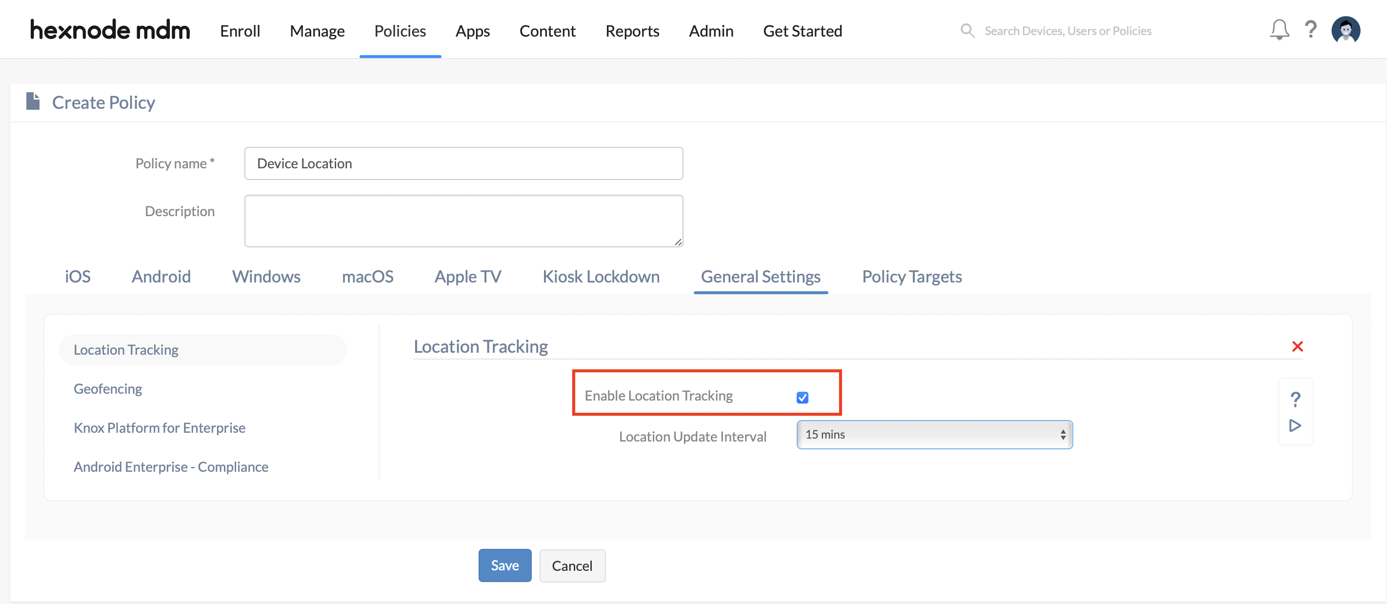 Associate Policy to Enable Location Tracking on Devices